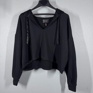 Seductive Slouch: Victoria's Secret Black Satin-Lined Cropped V-Neck Hoodie - XL